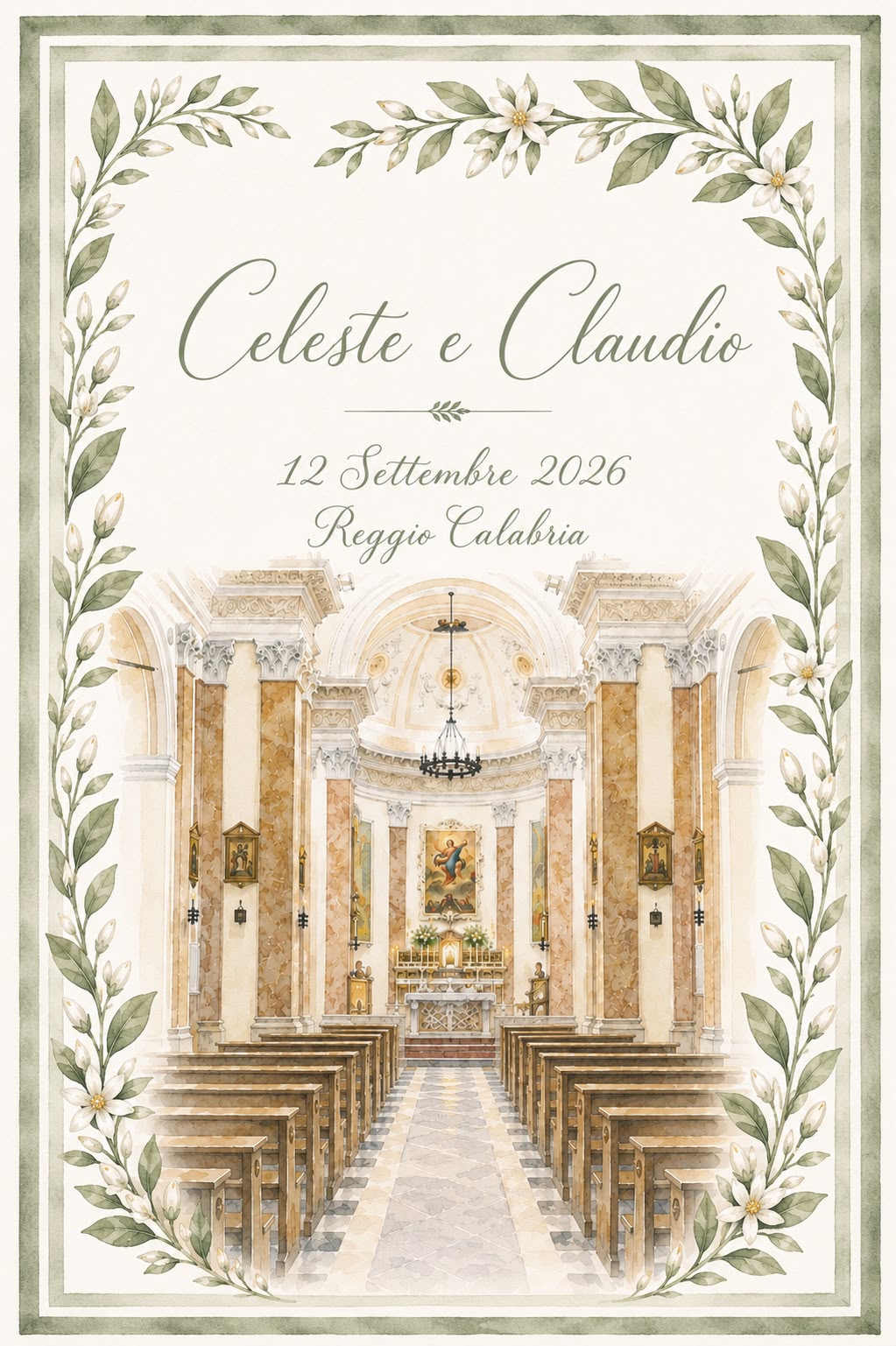 Partecipazione di nozze ad acquerello: Celeste e Claudio, Sabato 12 Settembre 2026, Reggio Calabria — l'interno della chiesa tra rami di zagara